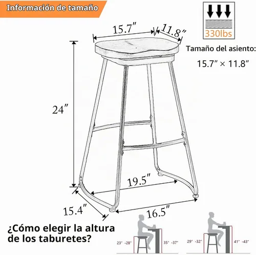 Vista 2 de Alunaune Juego de 4 taburetes de bar de metal de 24 pulgadas, asiento de silla de montar sin espalda, taburetes de bar de altura de mostrador