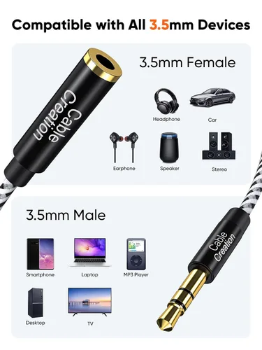 Vista 5 de Cable de extensión de audio de 3.5 mm, CableCreation Cable de audio estéreo de 3.5 mm macho a hembra con conector chapado en oro, 1.5 pies