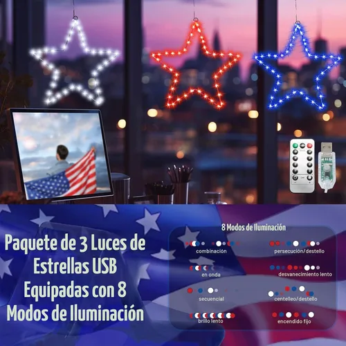 Vista 4 de Red White and Blue Lights,3Pack 4th of July Decorations Iron Framed Hanging Patriotic Star Lights 145LED USB Operated Indoor Window Light for Fourth