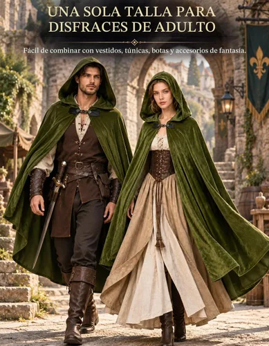 Vista 2 de JPXH Capa medieval con capucha renacentista para hombres y mujeres, disfraz de Halloween Verde