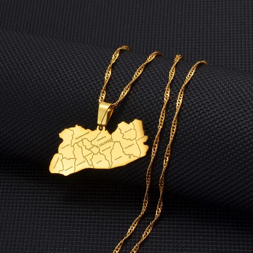 Vista 2 de YUANYIRAN Mapa de El Salvador Colgante Collares - Collar de cadena étnica africana delgada, color dorado, bandera de mapas patrióticos, joyería Hip
