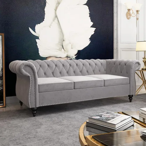 Vista 12 de QHITTY Sofá grande Accent, sofá Chesterfield de 3 plazas moderno de cuero, sofá tapizado con respaldo copetudo para muebles de sala de estar (negro)