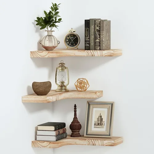 Vista 13 de SAUMONIERES Estantes flotantes de esquina de madera maciza para dormitorio, baño, cocina, almacenamiento, juego de 3, negro, soportes invisibles