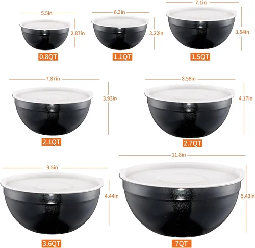 Vista 2 de Cuencos Negros para Mezclar con Tapas Herméticas, Cuenco de Acero Inoxidable, Cuencos para Ensalada de 7 Piezas, Cuencos Anidables Coloridos Negros