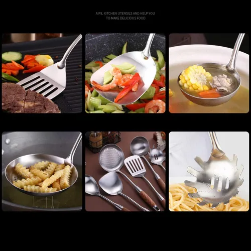 Vista 8 de 6 utensilios de cocina de acero inoxidable – Juego de herramientas de cocina con mango Hua Limu resistente al calor con cuchara ranurada, servidor