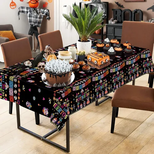 Vista 6 de 2 Piezas Mantel del Día de los Muertos - Mantel de Plástico Dia De Los Muertos, Mantel Desechable con Calavera de Azúcar Floral Cubierta de Mesa