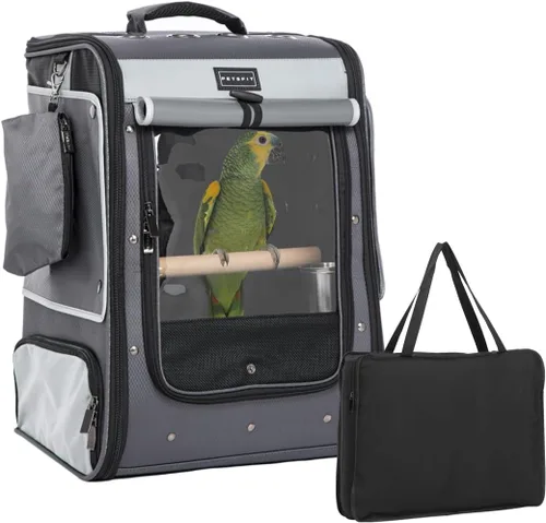 Vista 11 de Petsfit Transportador de pájaros de tamaño mediano con cuenco de acero inoxidable, mochila de loro incluye bandeja deslizante para una fácil