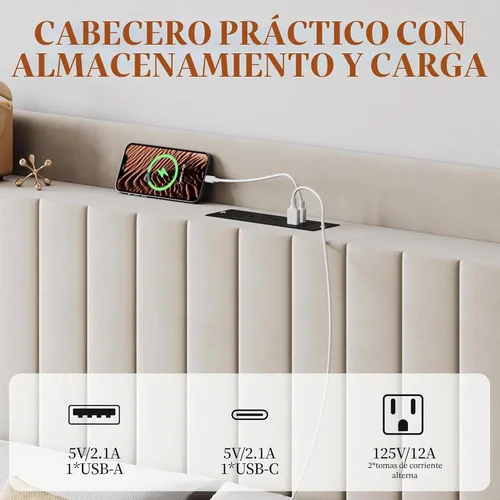 Vista 4 de Yaheetech Base de cama tamaño Queen con estación de carga USB y estante de almacenamiento/plataforma de cabecera tapizada con lado de ala/soporte