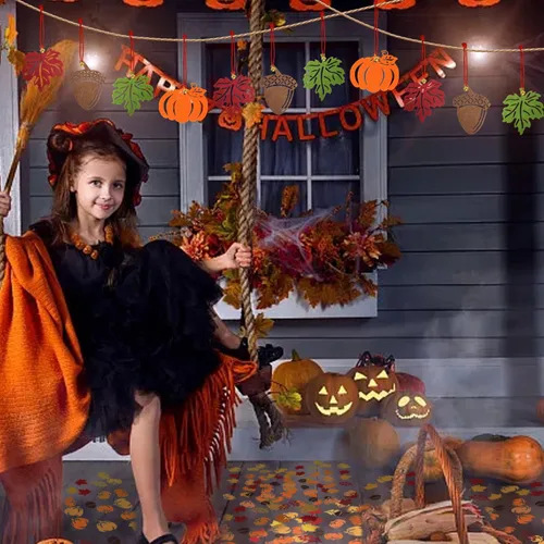 Vista 4 de yueton 32 adornos colgantes de otoño, hojas de arce, calabaza, bellota, decoraciones de otoño con campana y cuerda para el hogar, Halloween, Acción