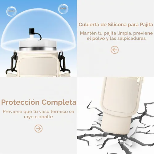 Vista 5 de AceTreker Bolsa de transporte para botella de agua con correa para vaso Stanley de 40/30 onzas, funda aislante de neopreno con bolsillo para 01-Crema