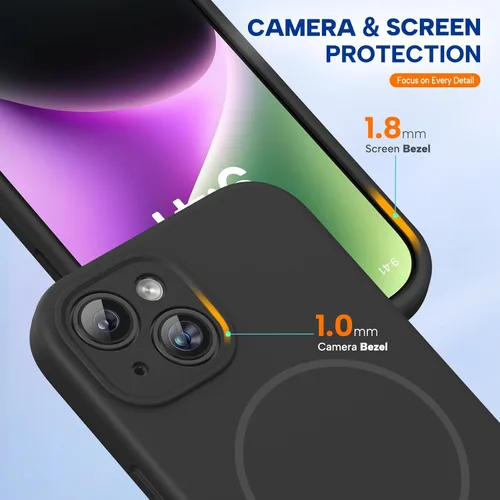 Vista 8 de Miracase Funda diseñada para iPhone 14 Plus con protector de pantalla, protección mejorada de la cámara, funda de silicona líquida a prueba de Negro