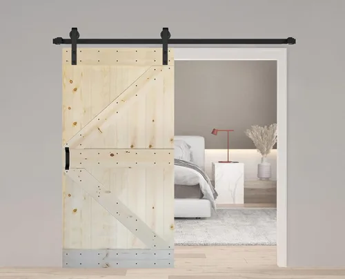 Vista 22 de Serie K. Puerta corredera de granero de madera maciza acabada con kit de herrajes (marrón/nogal, 24 x 84 pulgadas)