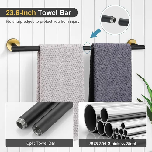 Vista 2 de TQKAG Juego de accesorios de baño negro y dorado de 5 piezas, juego de toalleros redondos de acero inoxidable de 23.6 pulgadas para baño montado