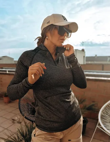 Vista 3 de ELESOL Camiseta de manga larga para mujer, con protección UPF 50+, para yoga, con agujero para pulgar, para entrenamiento, con cremallera de un