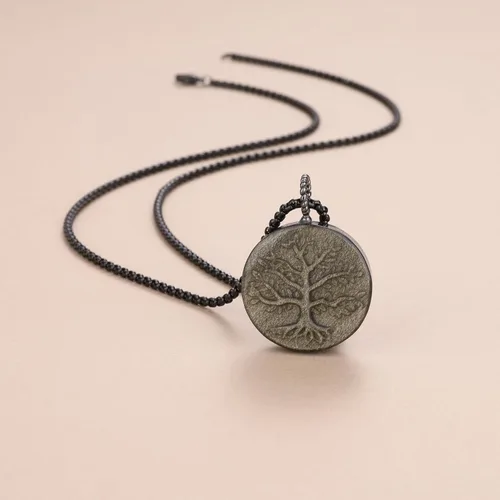 Vista 8 de COAI Collar de obsidiana negra con árbol de la vida para hombre