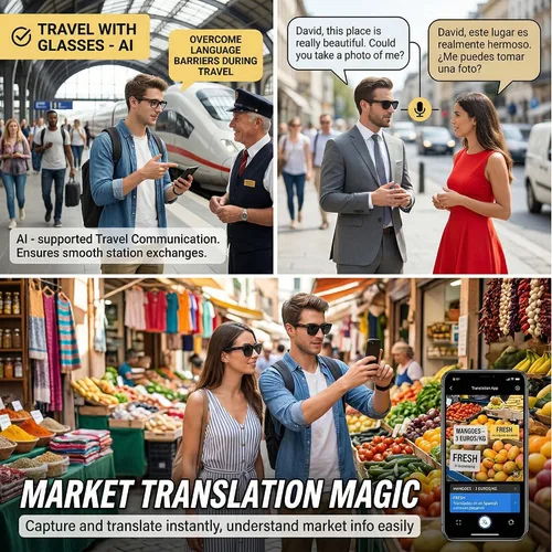 Vista 7 de Gafas de traducción inteligente AI Traductor de voz de 164 idiomas, Bluetooth de oído abierto con altavoces, lentes fotocrómicas, batería ligera