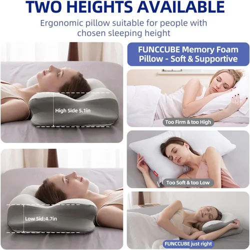 Vista 5 de FUNCCUBE Almohada cervical para el cuello – Almohadas de espuma viscoelástica para aliviar el dolor dormir con funda de almohada refrescante, Reina