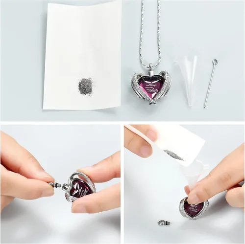Vista 5 de Imrsanl Joyería de cremación con dije de urna de corazón de ala de ángel para mujer, urnas de cristales para cenizas humanas, medallón