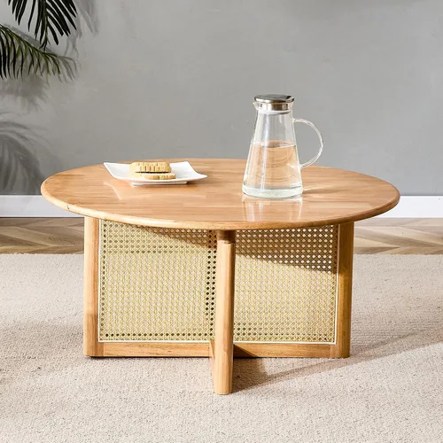 Vista 4 de Mesa de centro de madera de mediados de siglo con soporte de ratán de polietileno, mesa de café redonda de madera maciza de 33.45 pulgadas, mesa