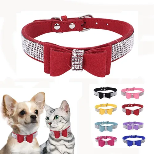 Vista 16 de Collar de perro con diamantes de imitación y lazo ajustable para mascotas, talla XXS, XS, tamaño pequeño, mediano y grande, color rosa, talla XX S