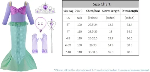 Vista 5 de Reliparty Disfraz de sirena para niñas pequeñas vestido de princesa de manga larga