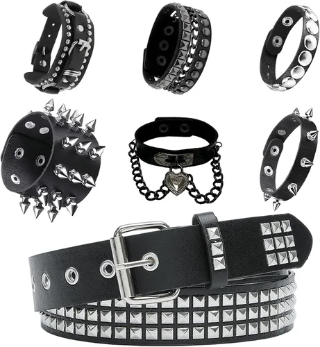 Vista 8 de YMO Cinturón negro con tachuelas, pulseras con clavos, cinturón emo, remache, pulsera punk, accesorios para hombres y mujeres Clásico