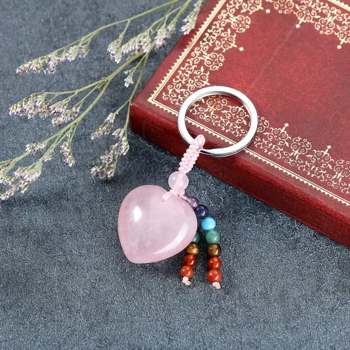 Vista 2 de Jovivi Llavero de piedra de amor de cristal de cuarzo rosa natural, 7 chakras, reki, cuentas de piedras preciosas de cristal curativo con borla