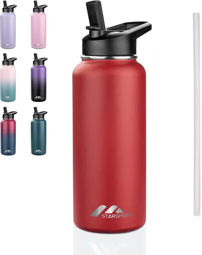 Vista 33 de StarSpeed Botella de agua aislada de 32 onzas con tapa con pajilla, botella de agua al vacío de doble pared de acero inoxidable, botella de agua