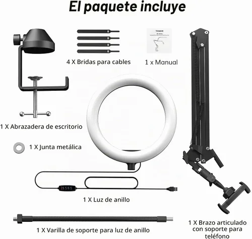 Vista 9 de TONOR Kit de luz de anillo superior, luz de anillo de 10 pulgadas con brazo de pluma Heayy Duty y soporte para teléfono, ángulo ajustable, adecuado