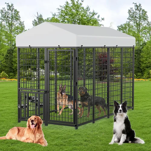 Vista 9 de Jaula grande para perros al aire libre ROOMTEC con comederos para perros, 10 pies de largo x 10 pies de ancho x 6.5 pies de alto