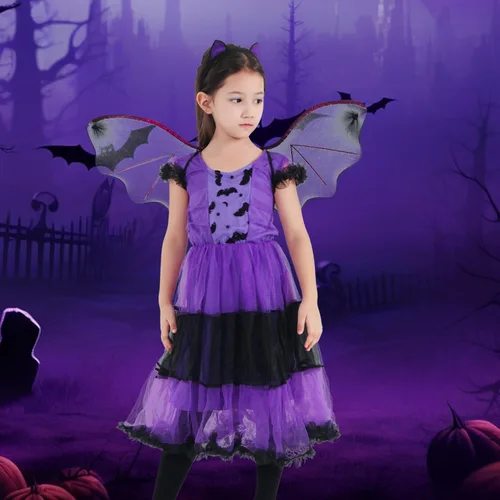 Vista 2 de EOZY Disfraz de murciélago para niñas, disfraz de vampiro de Halloween, disfraz de cosplay para niños