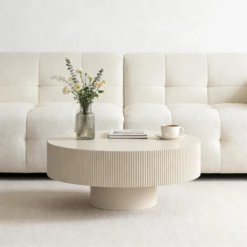 Vista 4 de Moderna mesa de centro redonda acanalada, mesa de centro de madera de tambor contemporáneo con base cilíndrica, mesa central circular para sala