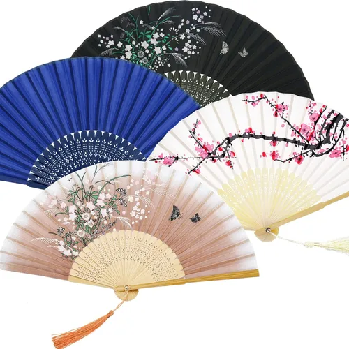 Vista 17 de Zonon 4 Pack de abanicos de mano florales plegables, abanicos de seda de bambú con borla para mujer, abanico de mano hueco plegable con funda