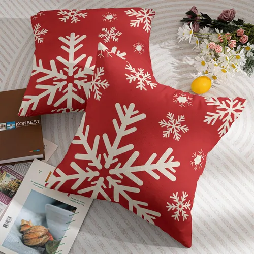 Vista 7 de Juego de 2 fundas de almohada de Navidad de 16 x 16 pulgadas, diseño de copos de nieve rojos rústicos rojos con temática de invierno, almohadas