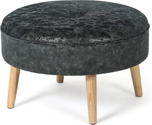 Vista 9 de Adeco Otomana redonda pequeña, otomana tapizada de terciopelo, con botones, reposapiés, asiento acolchado con patas de madera, moderno reposapiés