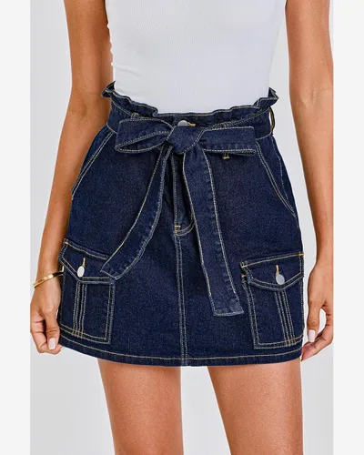 Vista 7 de luvamia Faldas de mezclilla para mujer, pantalones cortos de mezclilla de cintura alta con bolsillos, casual, lindo, cinturón de verano, falda