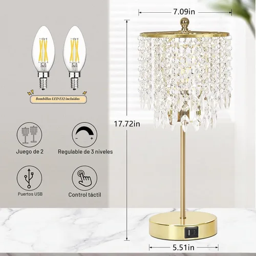 Vista 3 de Juego de 2 lámparas de mesa de cristal, lámpara de mesa de noche regulable de 3 vías con 2 puertos de carga USB, lámpara de noche dorada