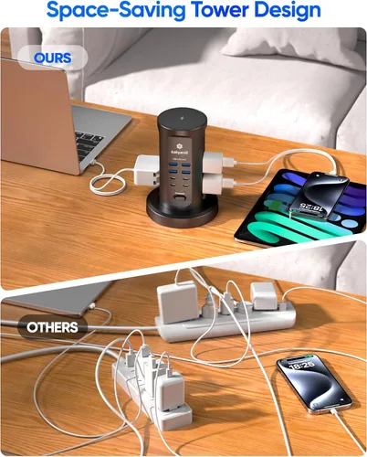 Vista 5 de Torre de Regleta de Alimentación, kakyanill Torre Protectora contra Sobretensiones 9 Tomas de CA 8 USB (4 USB C), Cable de Extensión Retráctil de 6