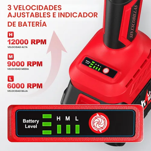 Vista 3 de FULLYEA Amoladora angular inalámbrica de 4-1/2 pulgadas, motor sin escobillas de 12000 RPM, amoladora eléctrica de herramientas de potencia con 2