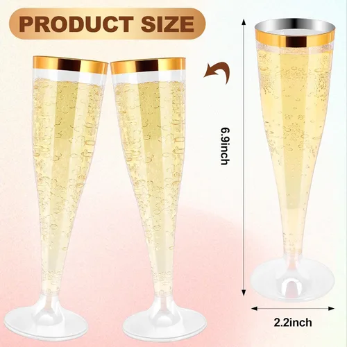 Vista 2 de Paquete de 50 copas de champán de plástico desechables, copas de champán con borde dorado, flauta de champán desechables transparentes de 4.5 onzas