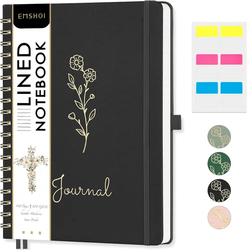 Vista 33 de EMSHOI Cuaderno de espiral con puntos, tapa dura de cuero, papel grueso de 3.53 oz/m², cuaderno de cuadrícula de puntos de 0.197 in para diario