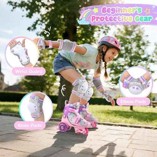 Vista 2 de Patines para niños (unicornio arcoíris, S) + juego de equipo de protección con aspecto de cuero iridiscente con bolsa con cordón (S)