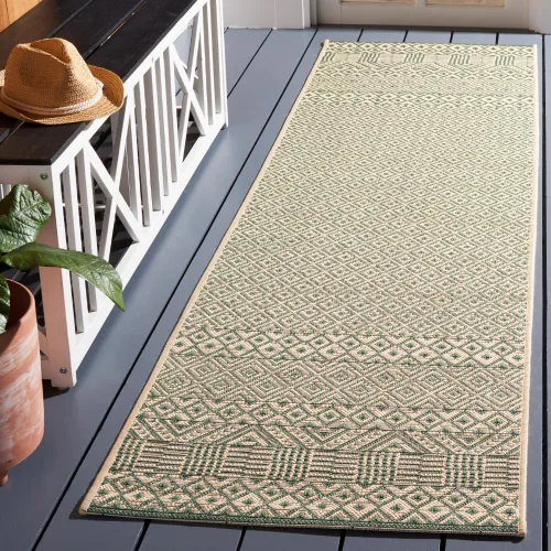 Vista 7 de SAFAVIEH Alfombra lavable para exteriores, colección Courtyard de 2.3 x 6.7 pies, beige y azul aguamarina, no desprende pelusa y es fácil