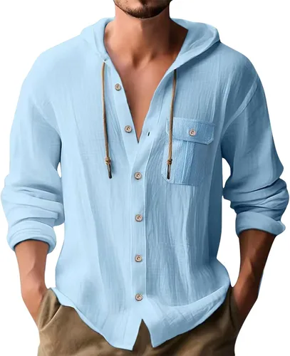 Vista 8 de Sudadera con capucha de algodón y lino para hombre, camisa de manga larga con botones, ligera, casual, para la playa, hippie, tops