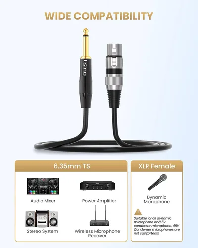 Vista 5 de Tisino - Cable de micrófono con conector hembra XLR a conector mono TS de 1/4 (6,35 mm) desequilibrado para micrófono dinámico - 2,01 m/6,6 pies