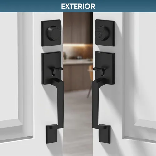 Vista 8 de TICONN Juego de manijas para puerta delantera doble, palanca de puerta cuadrada de servicio pesado y combo de cerrojo de cilindro único para puertas