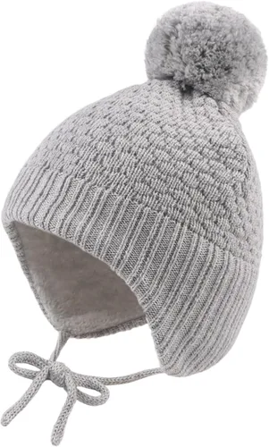 Vista 7 de Sombrero de invierno para bebé niña con forro de lana para niños pequeños, gorro de punto con orejeras con pompón, de 0 a 8 años 3 unidades-A.