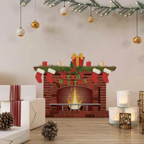 Vista 2 de Calcomanía de vinilo para pared con diseño de chimenea de Feliz Navidad 19 x 28 pulgadas para dormitorio de niños, sala de estar, horno