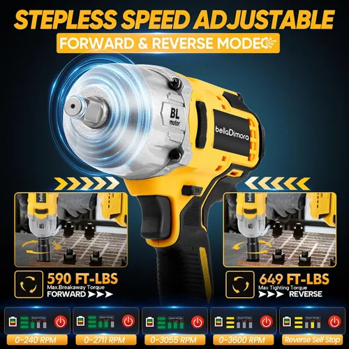 Vista 4 de Llave de impacto inalámbrica bellaDimora compatible con batería Dewalt de 20 V Brushless Motor, Auto-Stop Reverse, LED Light, 32-Piece Kit, Tire