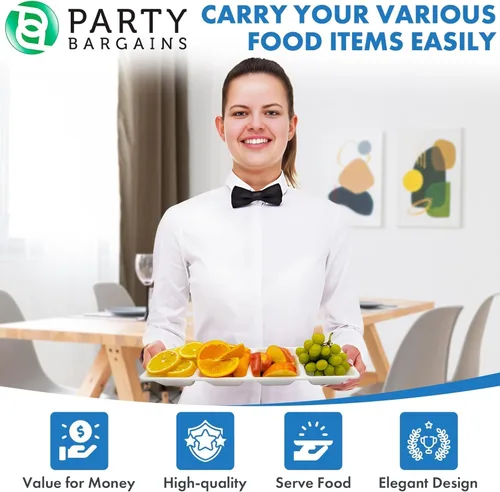 Vista 6 de Party Bargains Bandeja rectangular seccional desechable blanca (paquete de 4) de 5 x 16 pulgadas. Bandeja de plástico con 4 compartimentos